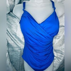 Jantzen Blue Classic Surplice Draped V-Neck One Piece Tummy Control Swimsuit ~14